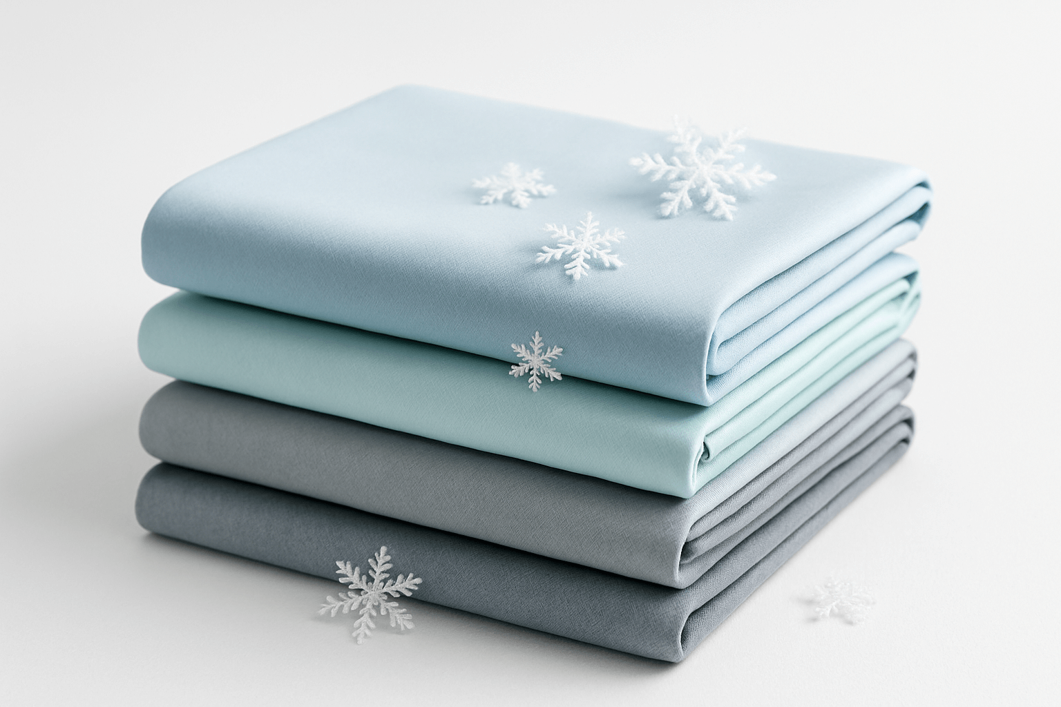 A neatly folded stack of multi color cooling bed sheets with a small Snowflakes on top. 1:1 Minimalist product photography, clean white background, soft lighting, eco-friendly and natural aesthetic.
