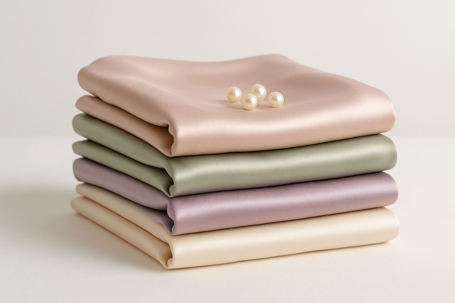 A neatly folded stack of multi color satin bed sheets with a small pearls on top. 1:1 Minimalist product photography, clean white background, soft lighting, eco-friendly and natural aesthetic.