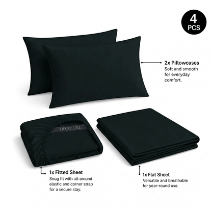 Black Decolure sheet set shown as 4 pieces: 2 pillowcases, one folded fitted sheet and one folded flat sheet.