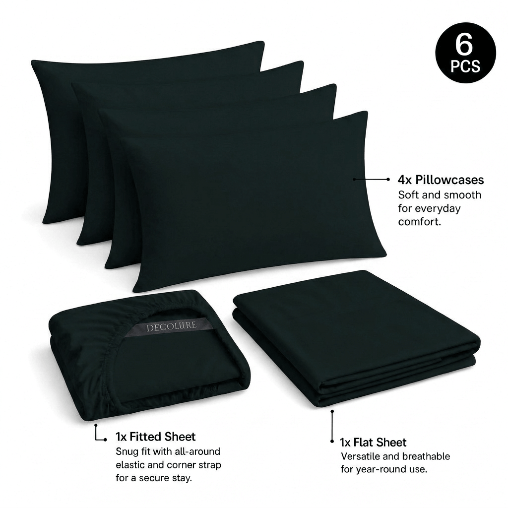 Black Decolure sheet set shown as 6 pieces: 4 pillowcases, one folded fitted sheet and one folded flat sheet.