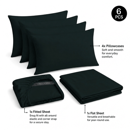 Black Decolure sheet set shown as 6 pieces: 4 pillowcases, one folded fitted sheet and one folded flat sheet.