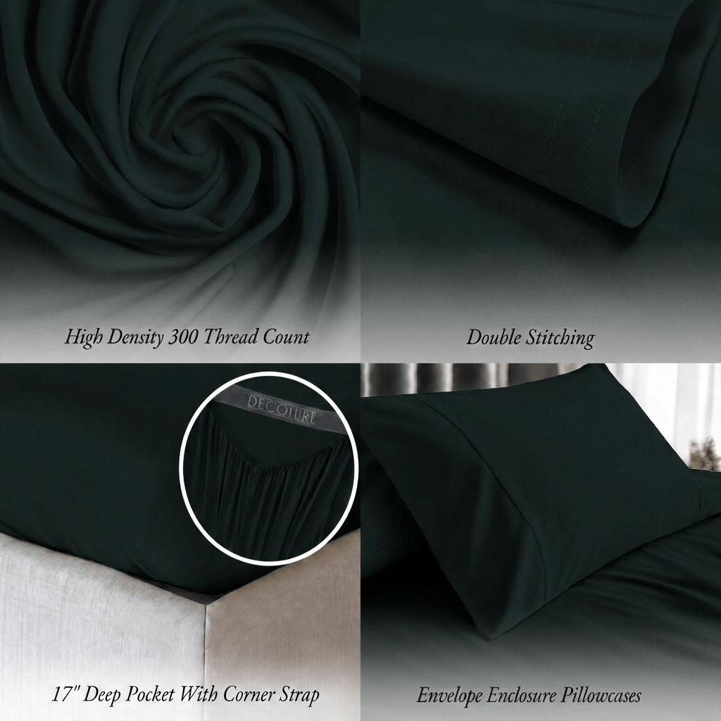 Black bedding detail panels show swirled fabric, double stitching, a fitted corner with strap and an envelope pillowcase; labels note 300 thread count and a 17 inch pocket.