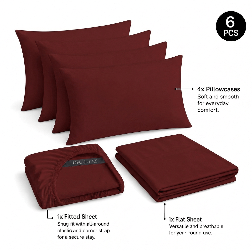 Burgundy Decolure sheet set shown as 6 pieces: 4 pillowcases, one folded fitted sheet and one folded flat sheet.