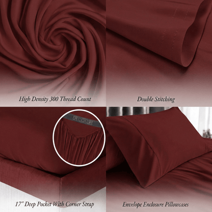 Burgundy bedding detail panels show swirled fabric, double stitching, a fitted corner with strap and an envelope pillowcase; labels note 300 thread count and a 17 inch pocket.
