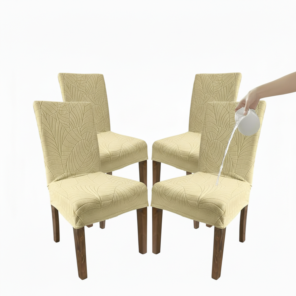 Set of four beige waterproof dining chair covers with textured leaf pattern and water being poured on one cover.