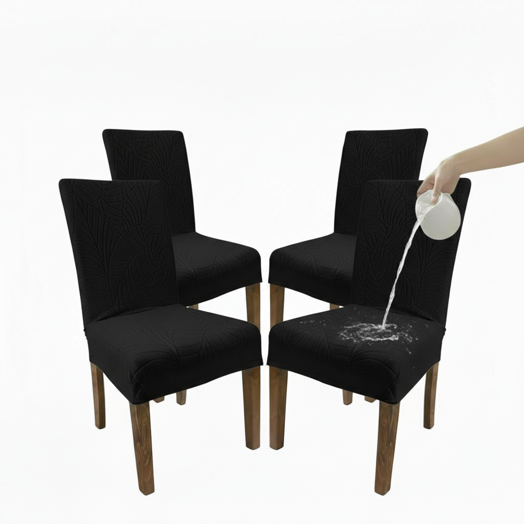 Black chair covers being tested for spill resistance with a white substance being poured.