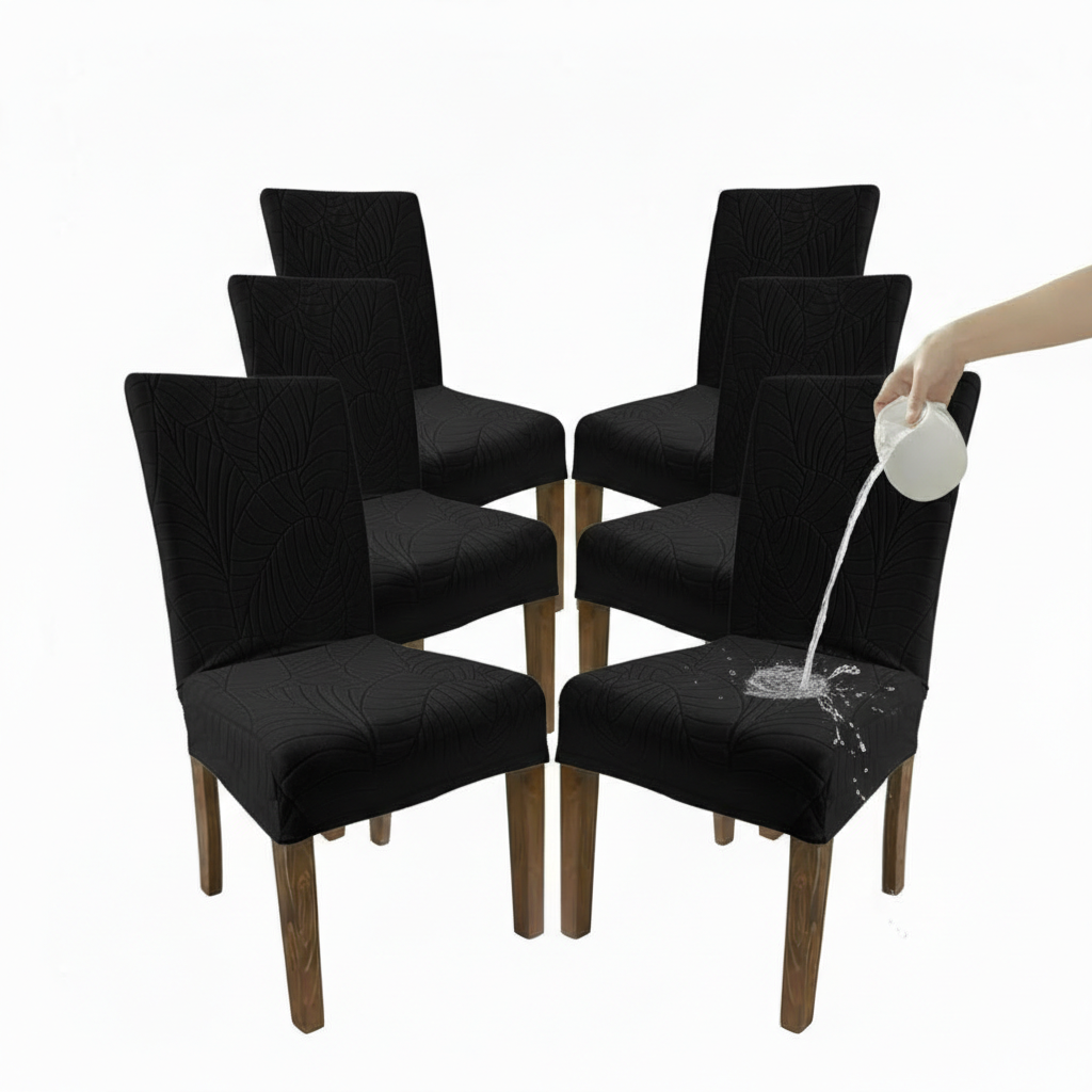 Set of six black dining chairs with a chair cover being splashed with water.