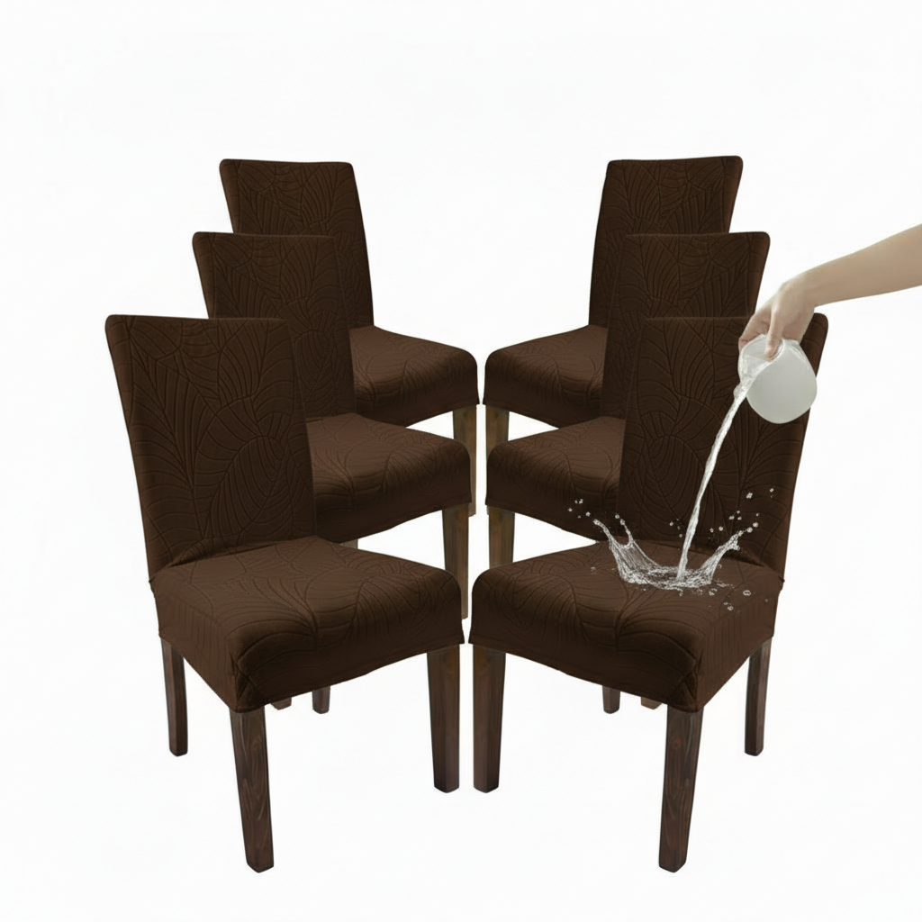 Brown chair covers on chairs with a hand pouring water, on a white background