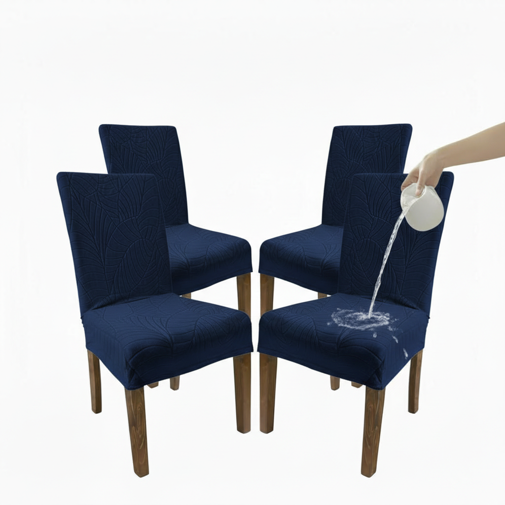 Navy blue chair covers on chairs with a hand pouring water onto one of them.
