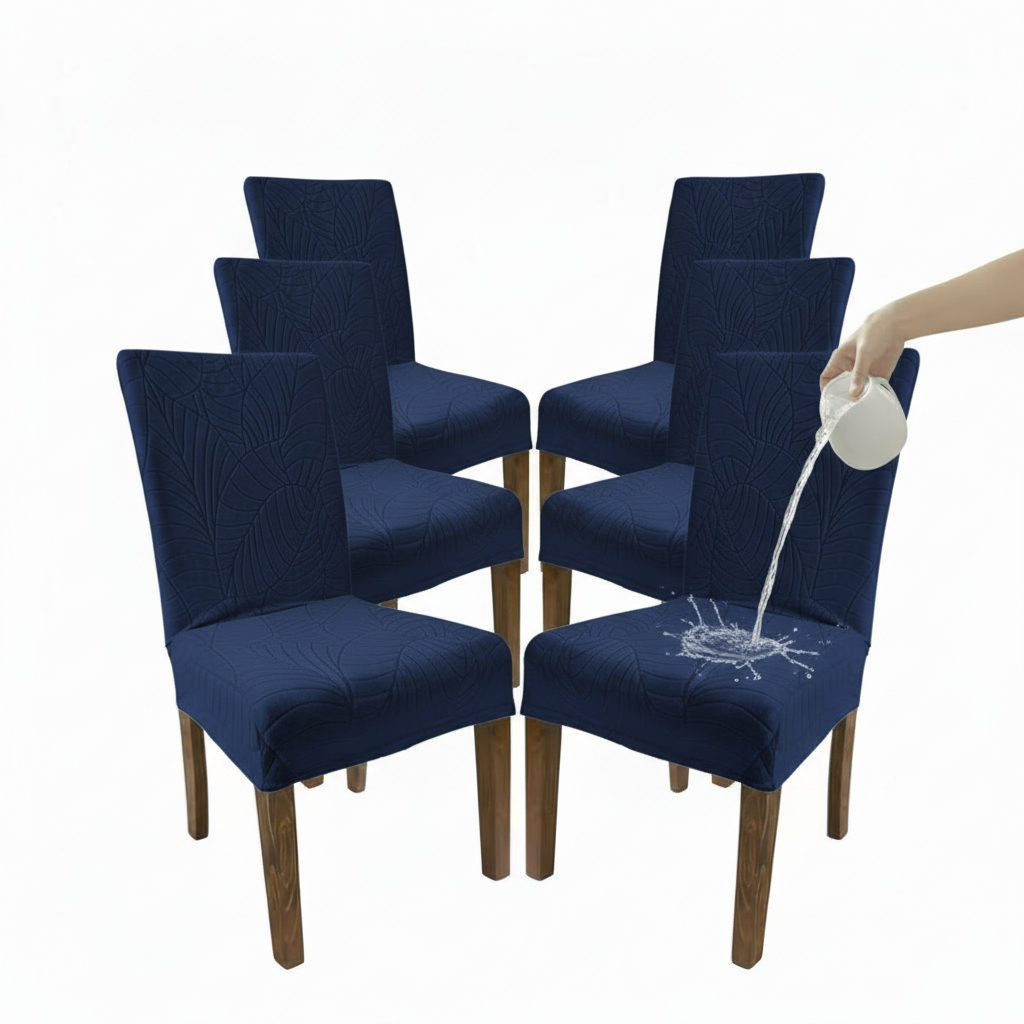 Set of six blue chairs with a hand pouring liquid onto one chair, on a white background