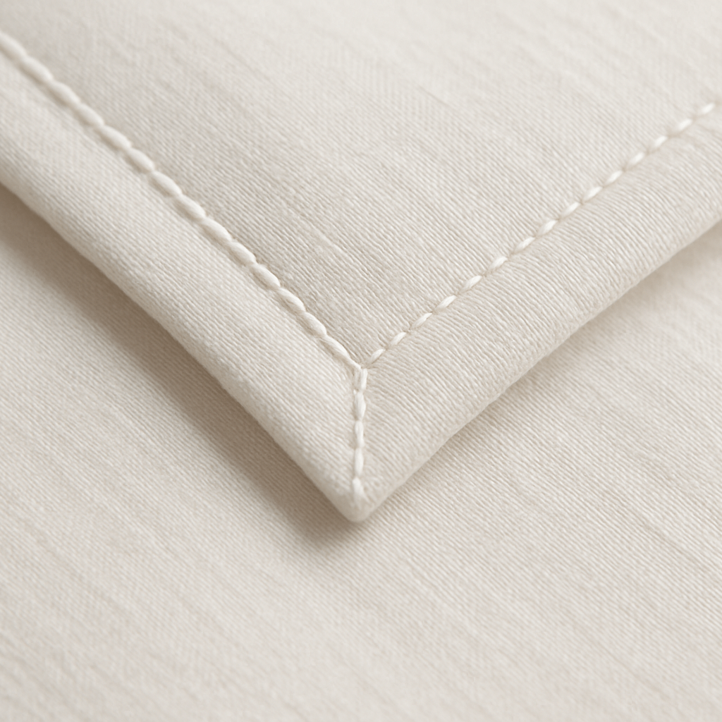 close up stitches view of a white bamboo bedsheet corner showing precise stitching.  