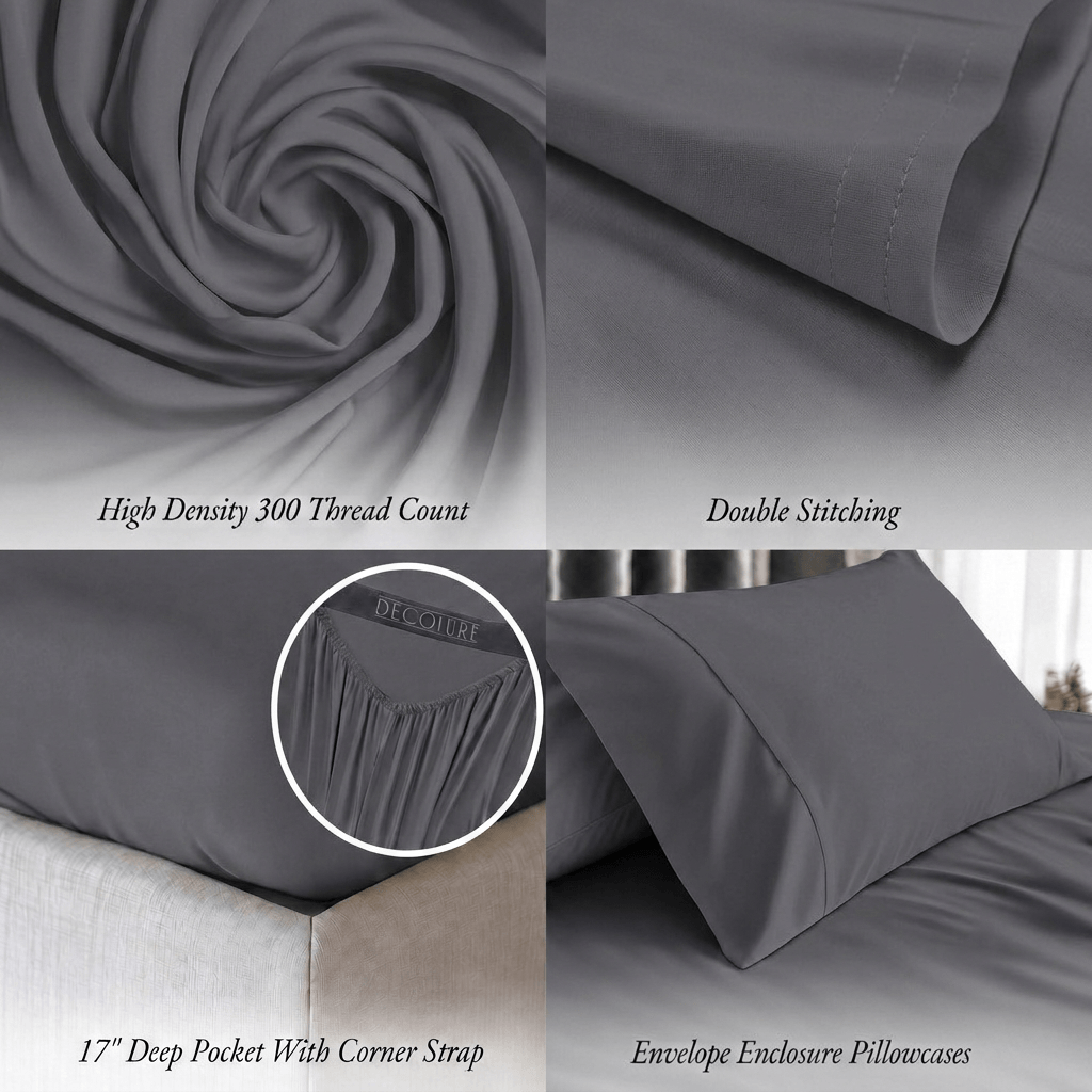 Gray bedding detail panels show swirled fabric, double stitching, a fitted corner with strap and an envelope pillowcase; labels note 300 thread count and a 17 inch pocket.
