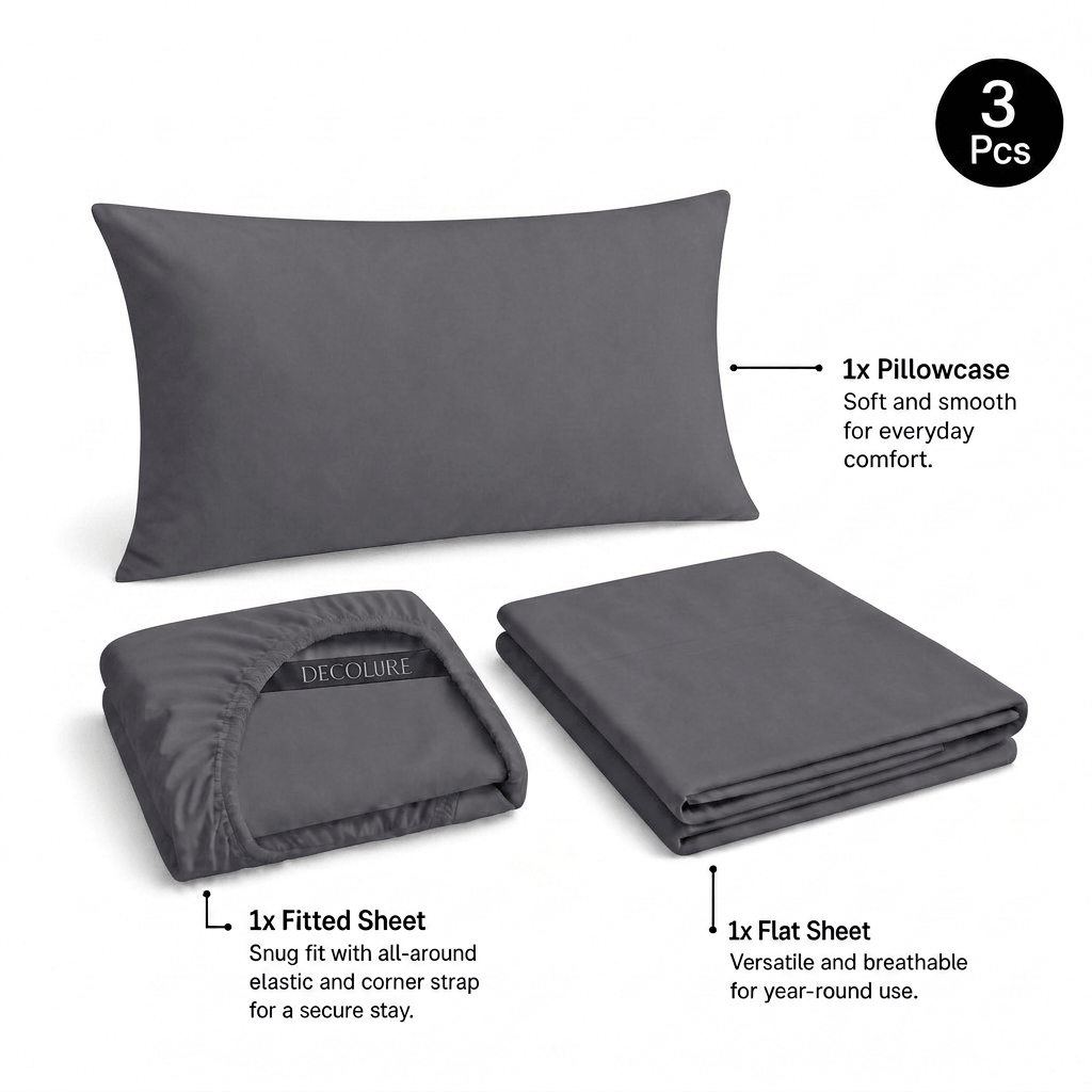 Gray Decolure sheet set shown as 3 pieces: one pillowcase, one folded fitted sheet and one folded flat sheet.