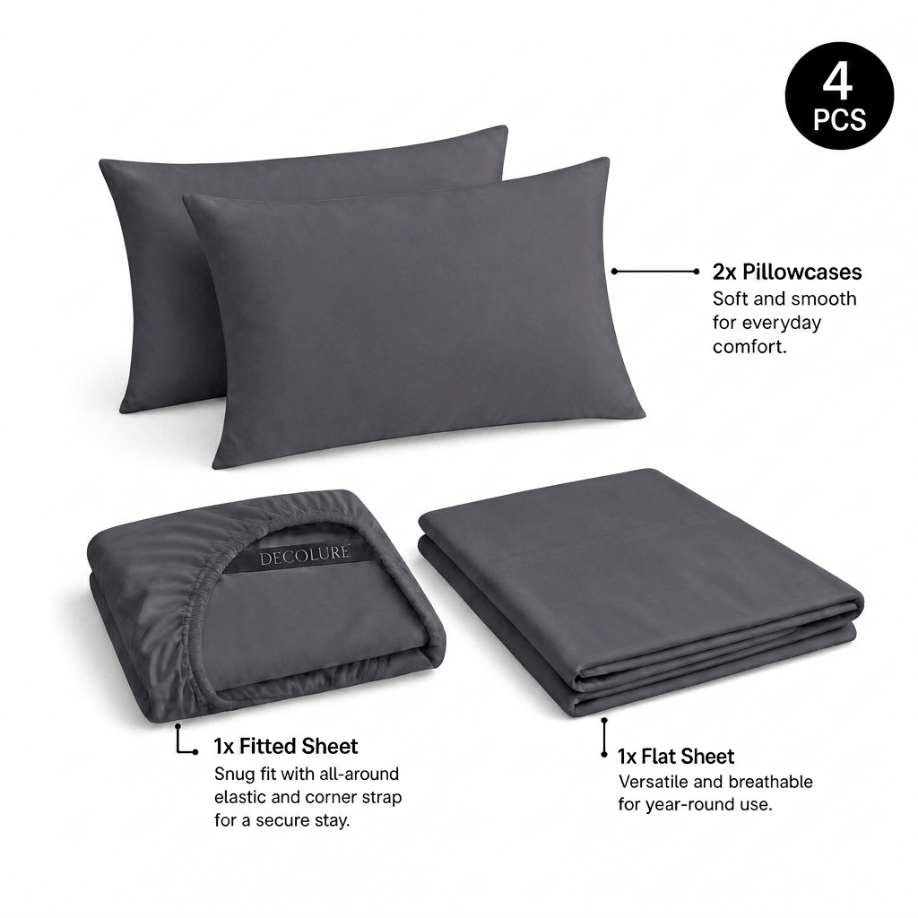 Gray Decolure sheet set shown as 4 pieces: 2 pillowcases, one folded fitted sheet and one folded flat sheet.