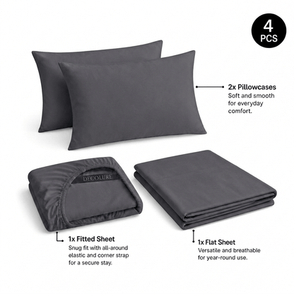 Gray Decolure sheet set shown as 4 pieces: 2 pillowcases, one folded fitted sheet and one folded flat sheet.