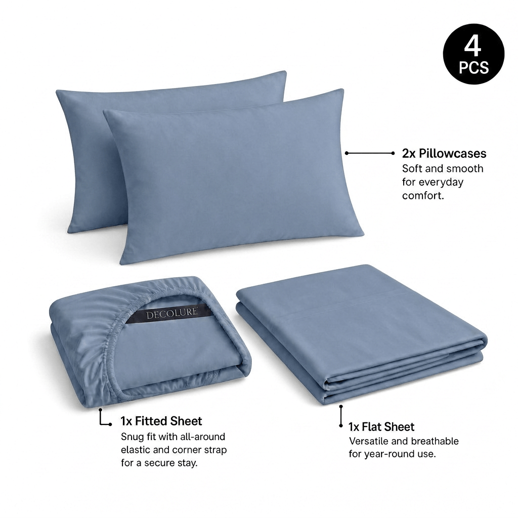 Light blue Decolure sheet set shown as 4 pieces: 2 pillowcases, one folded fitted sheet and one folded flat sheet.