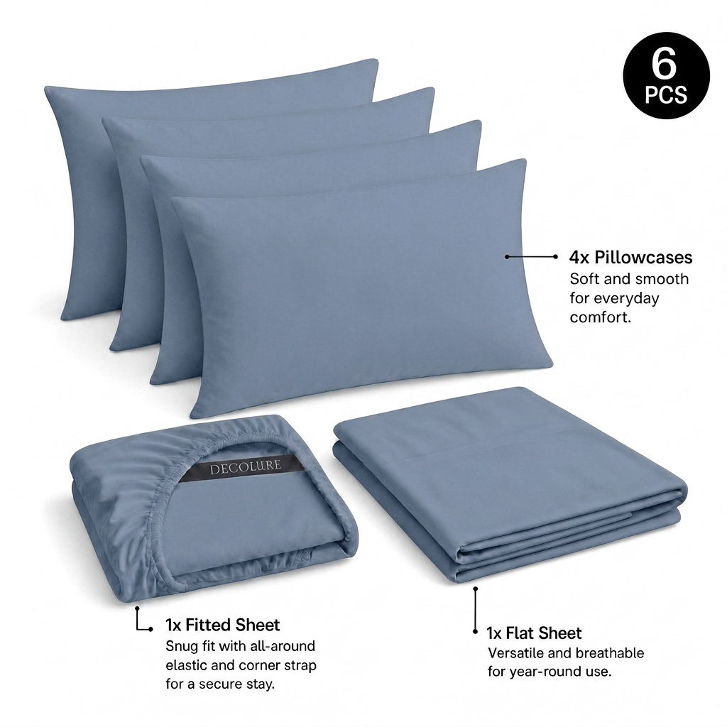 Light blue Decolure sheet set shown as 6 pieces: 4 pillowcases, one folded fitted sheet and one folded flat sheet.