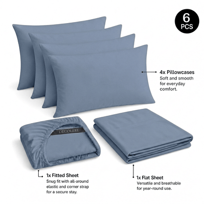 Light blue Decolure sheet set shown as 6 pieces: 4 pillowcases, one folded fitted sheet and one folded flat sheet.