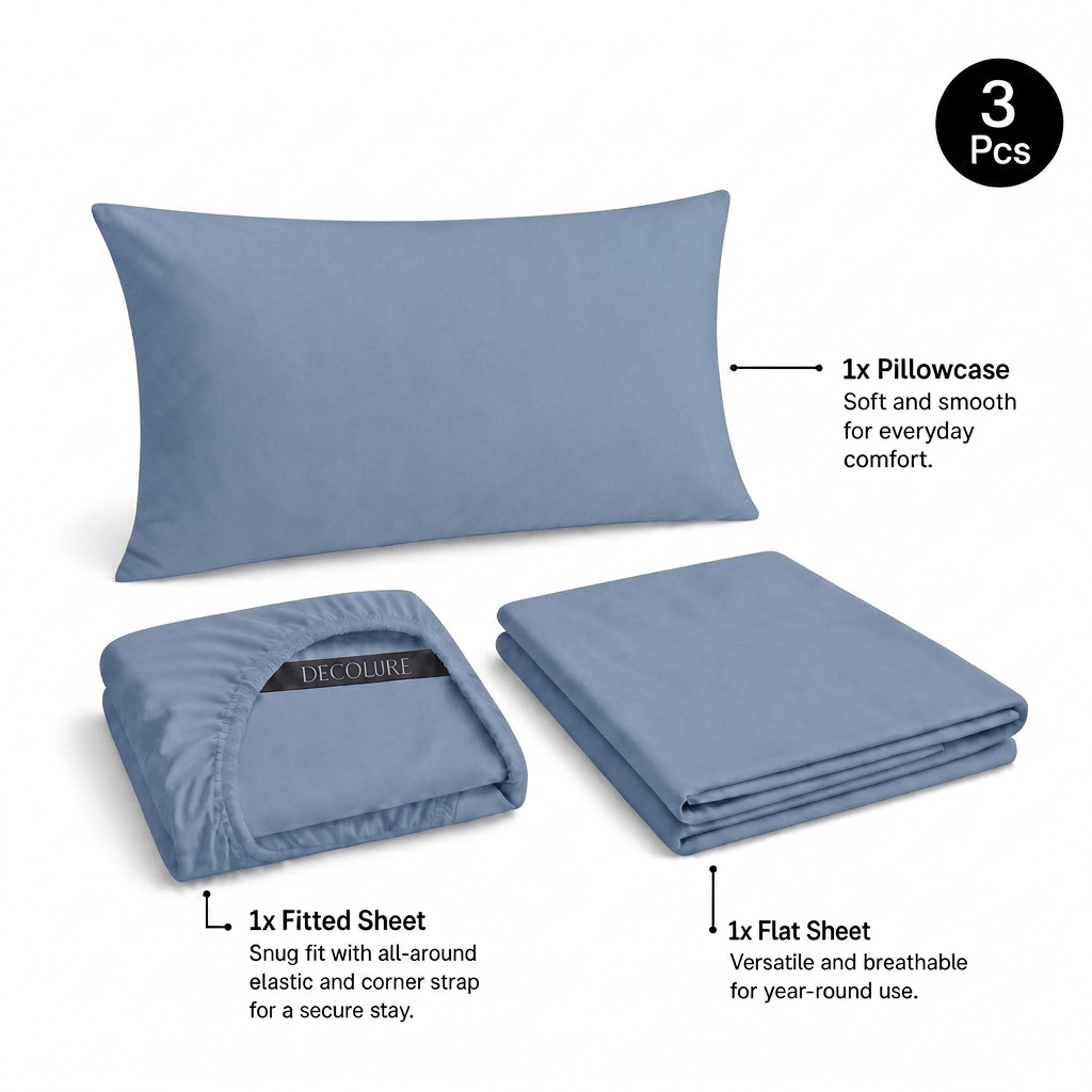 Light blue Decolure sheet set shown as 3 pieces: one pillowcase, one folded fitted sheet and one folded flat sheet.