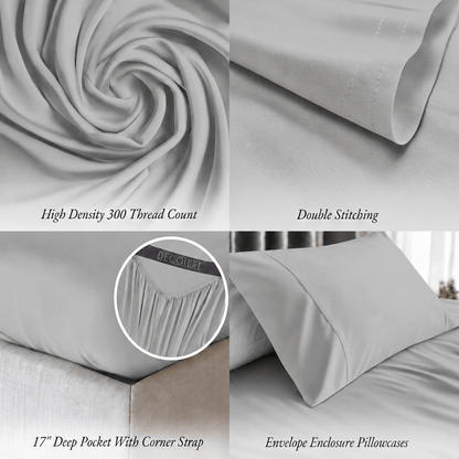 Light gray bedding detail panels show swirled fabric, double stitching, a fitted corner with strap and an envelope pillowcase; labels note 300 thread count and a 17 inch pocket.