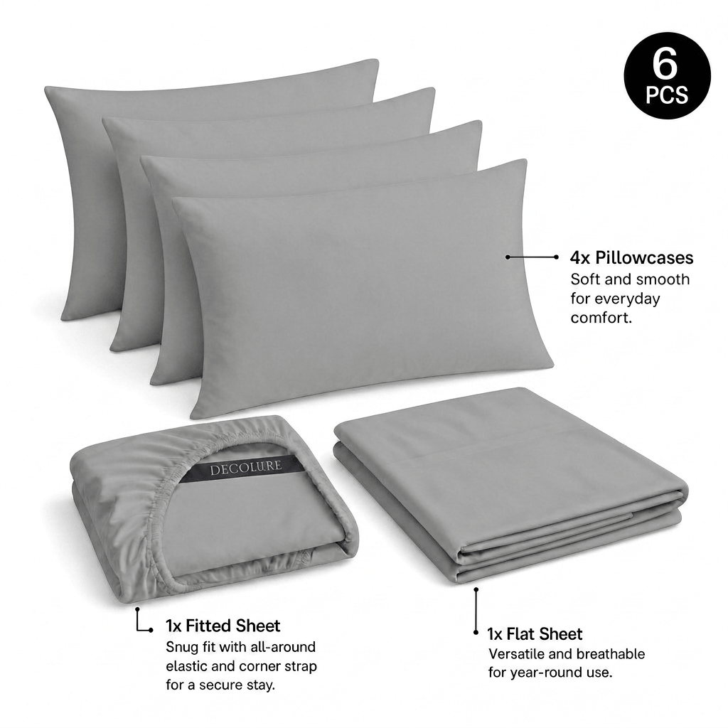 Light gray Decolure sheet set shown as 6 pieces: 4 pillowcases, one folded fitted sheet and one folded flat sheet.