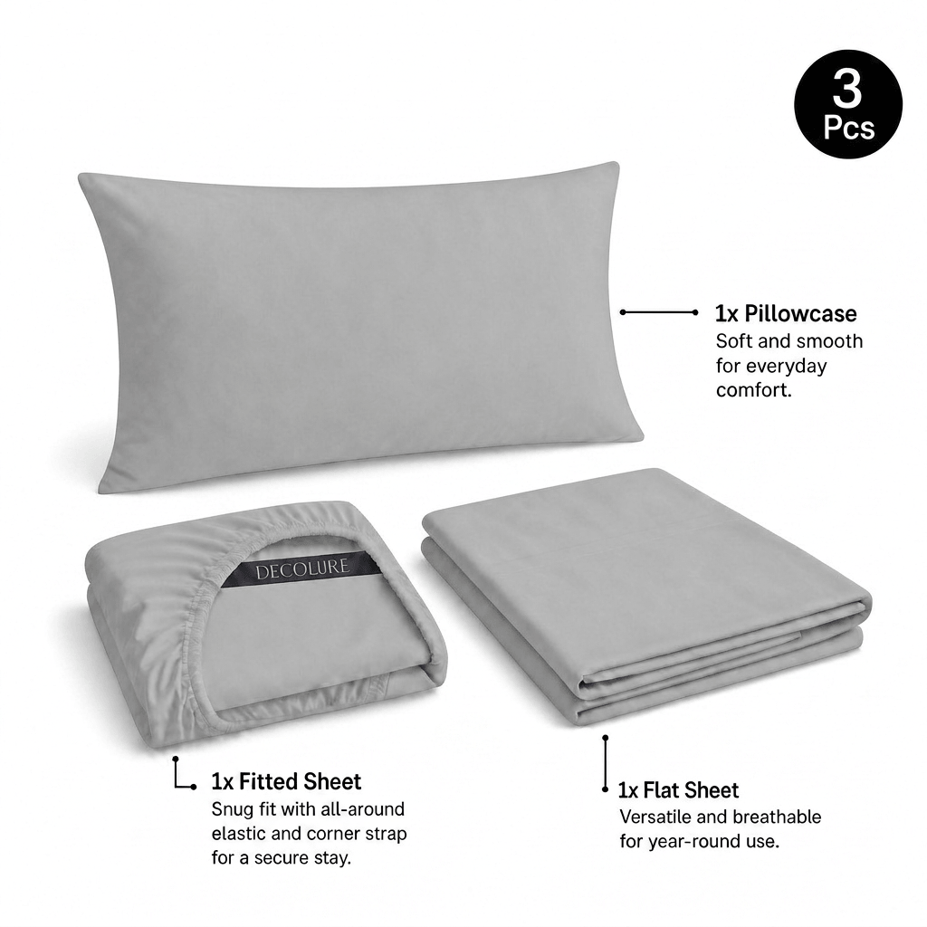 Light gray Decolure sheet set shown as 3 pieces: one pillowcase, one folded fitted sheet and one folded flat sheet.