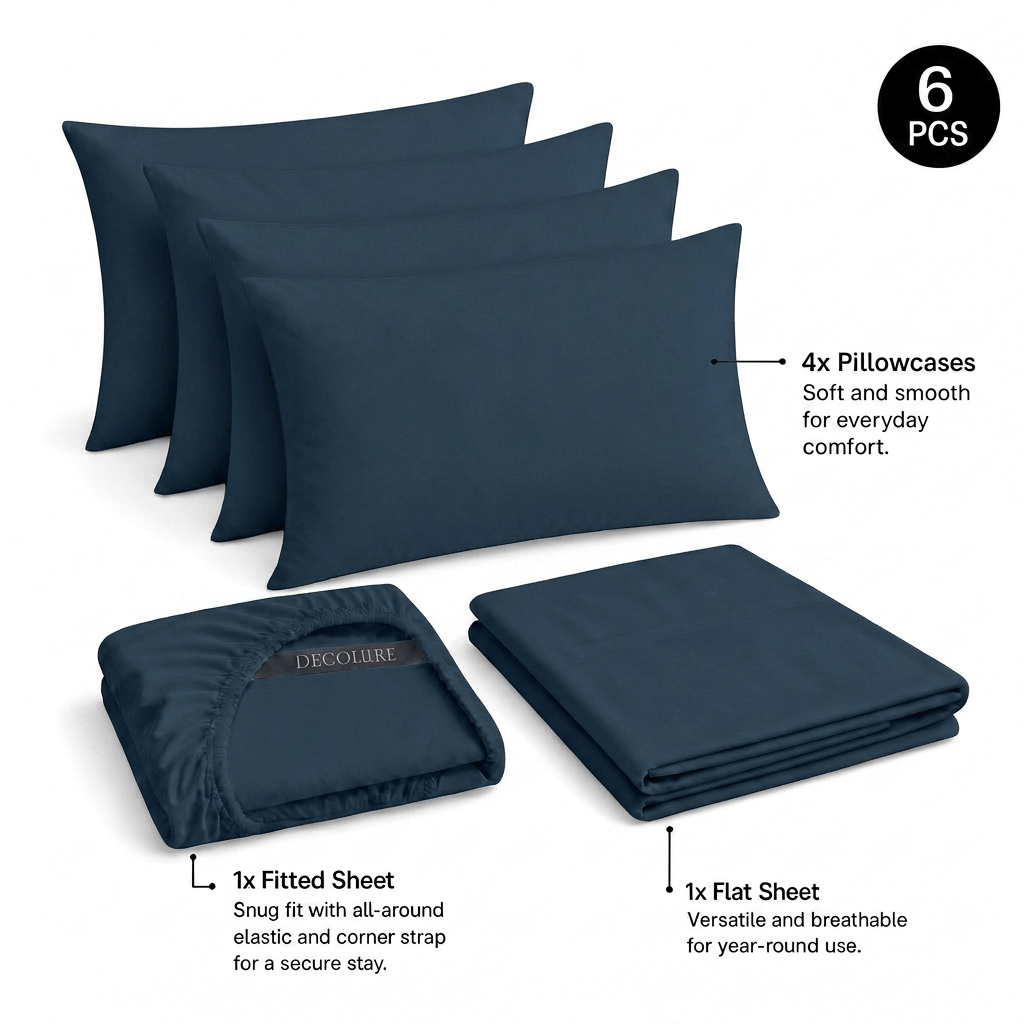 Navy blue Decolure sheet set shown as 6 pieces: 4 pillowcases, one folded fitted sheet and one folded flat sheet.