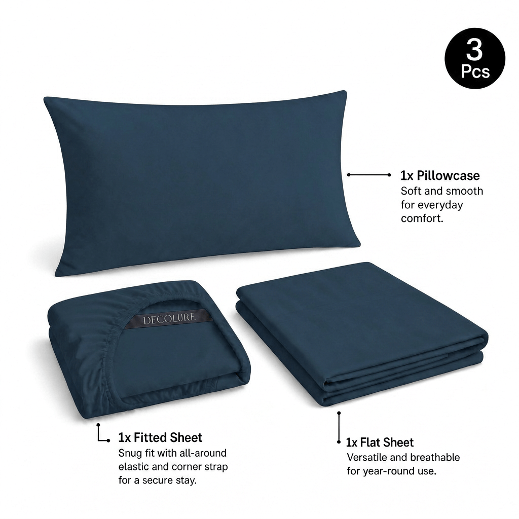 Navy blue Decolure sheet set shown as 3 pieces: one pillowcase, one folded fitted sheet and one folded flat sheet.