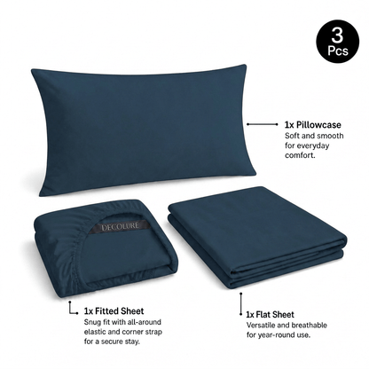 Navy blue Decolure sheet set shown as 3 pieces: one pillowcase, one folded fitted sheet and one folded flat sheet.