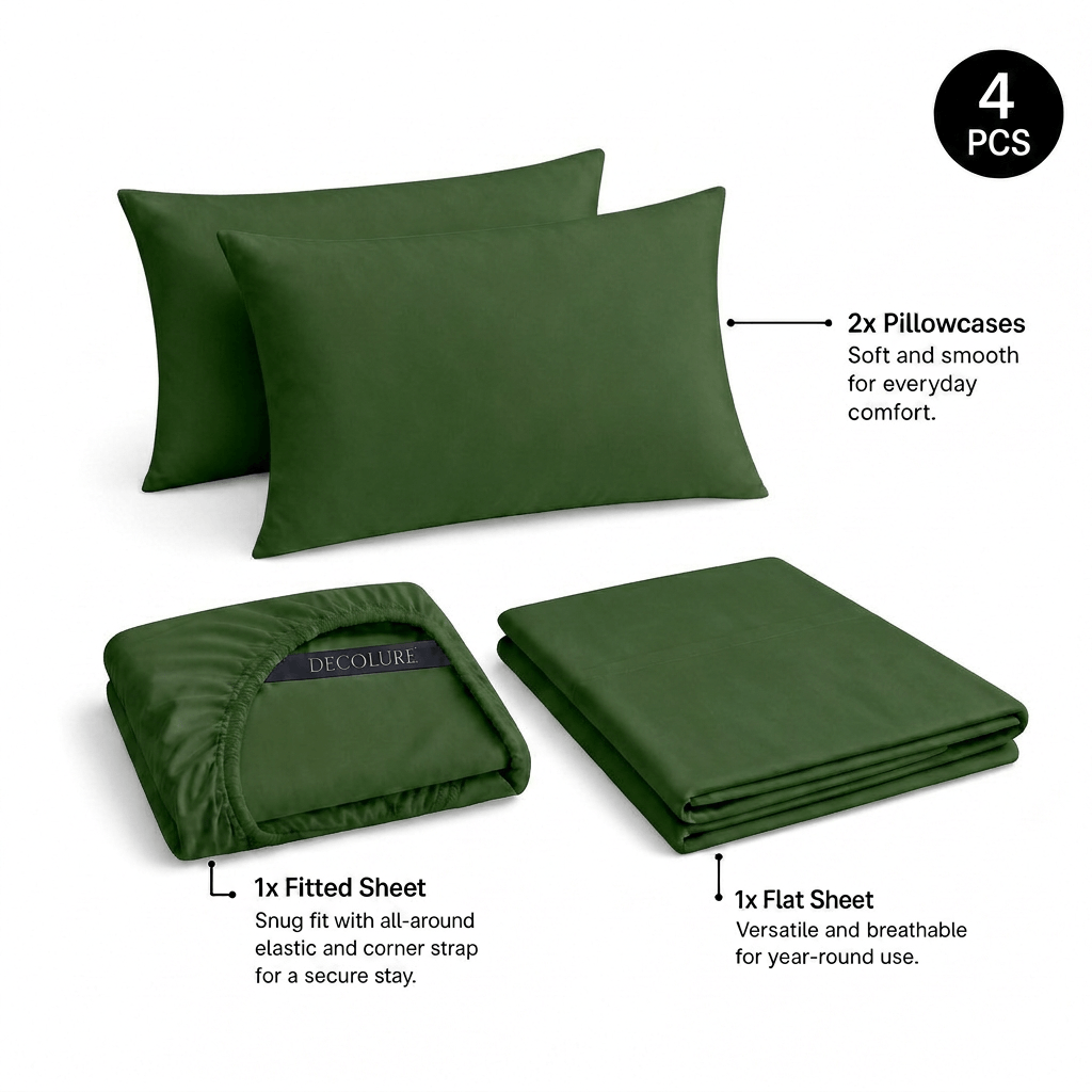 Forest green Decolure sheet set shown as 4 pieces: 2 pillowcases, one folded fitted sheet and one folded flat sheet.