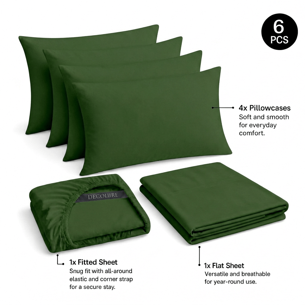 Forest green Decolure sheet set shown as 6 pieces: 4 pillowcases, one folded fitted sheet and one folded flat sheet.
