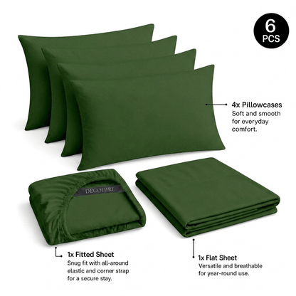 Forest green Decolure sheet set shown as 6 pieces: 4 pillowcases, one folded fitted sheet and one folded flat sheet.