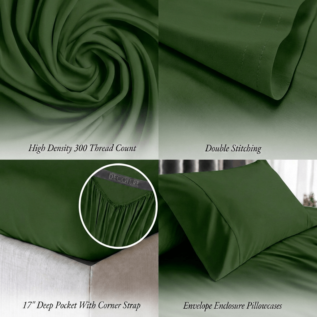 Forest green bedding detail panels show swirled fabric, double stitching, a fitted corner with strap and an envelope pillowcase; labels note 300 thread count and a 17 inch pocket.