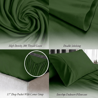 Forest green bedding detail panels show swirled fabric, double stitching, a fitted corner with strap and an envelope pillowcase; labels note 300 thread count and a 17 inch pocket.