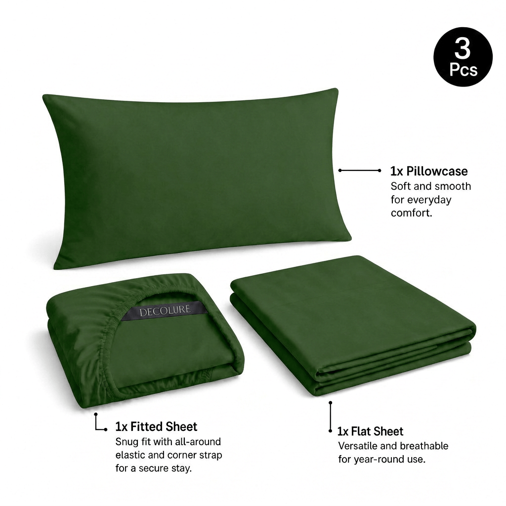 Forest green Decolure sheet set shown as 3 pieces: one pillowcase, one folded fitted sheet and one folded flat sheet.