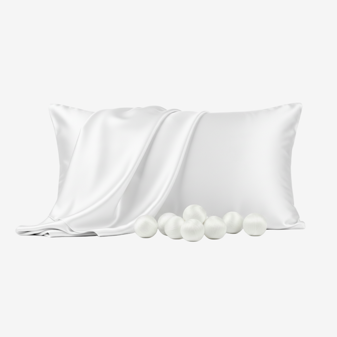 White silk pillowcase with smooth sheen, accompanied by soft silk cocoons on a white background.