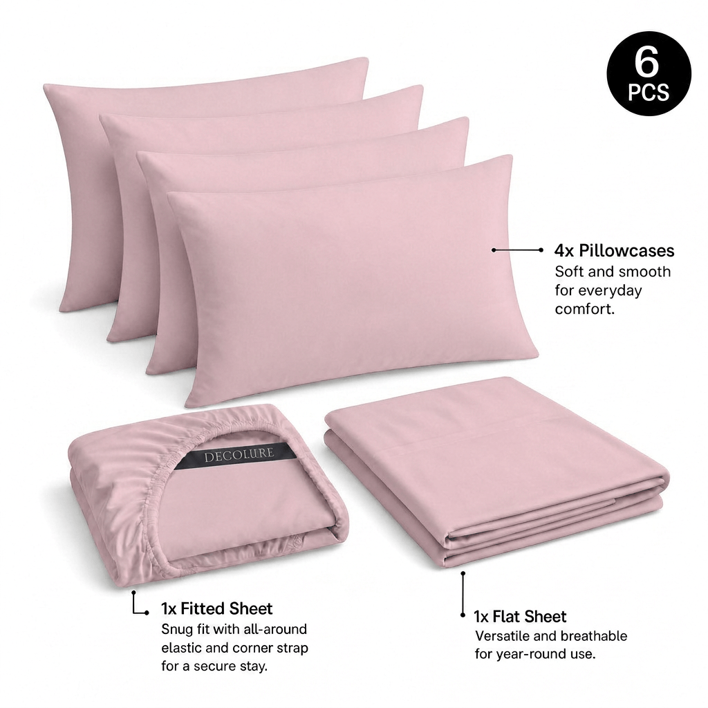 Blush pink Decolure sheet set shown as 6 pieces: 4 pillowcases, one folded fitted sheet and one folded flat sheet.