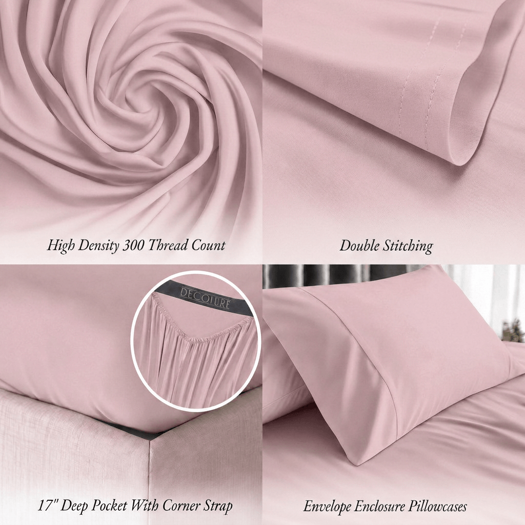 Blush pink bedding detail panels show swirled fabric, double stitching, a fitted corner with strap and an envelope pillowcase; labels note 300 thread count and a 17 inch pocket.