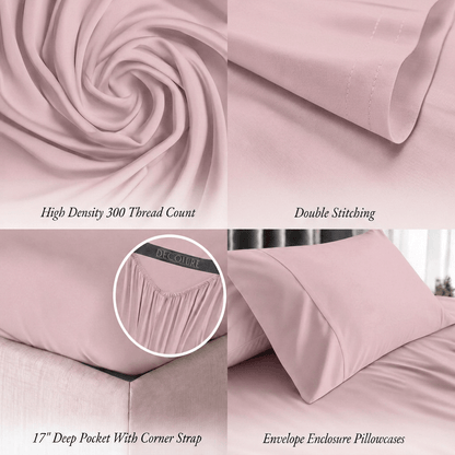 Blush pink bedding detail panels show swirled fabric, double stitching, a fitted corner with strap and an envelope pillowcase; labels note 300 thread count and a 17 inch pocket.