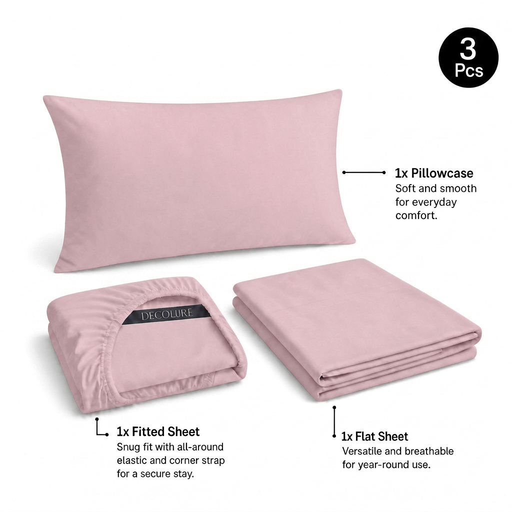 Blush pink Decolure sheet set shown as 3 pieces: one pillowcase, one folded fitted sheet and one folded flat sheet.