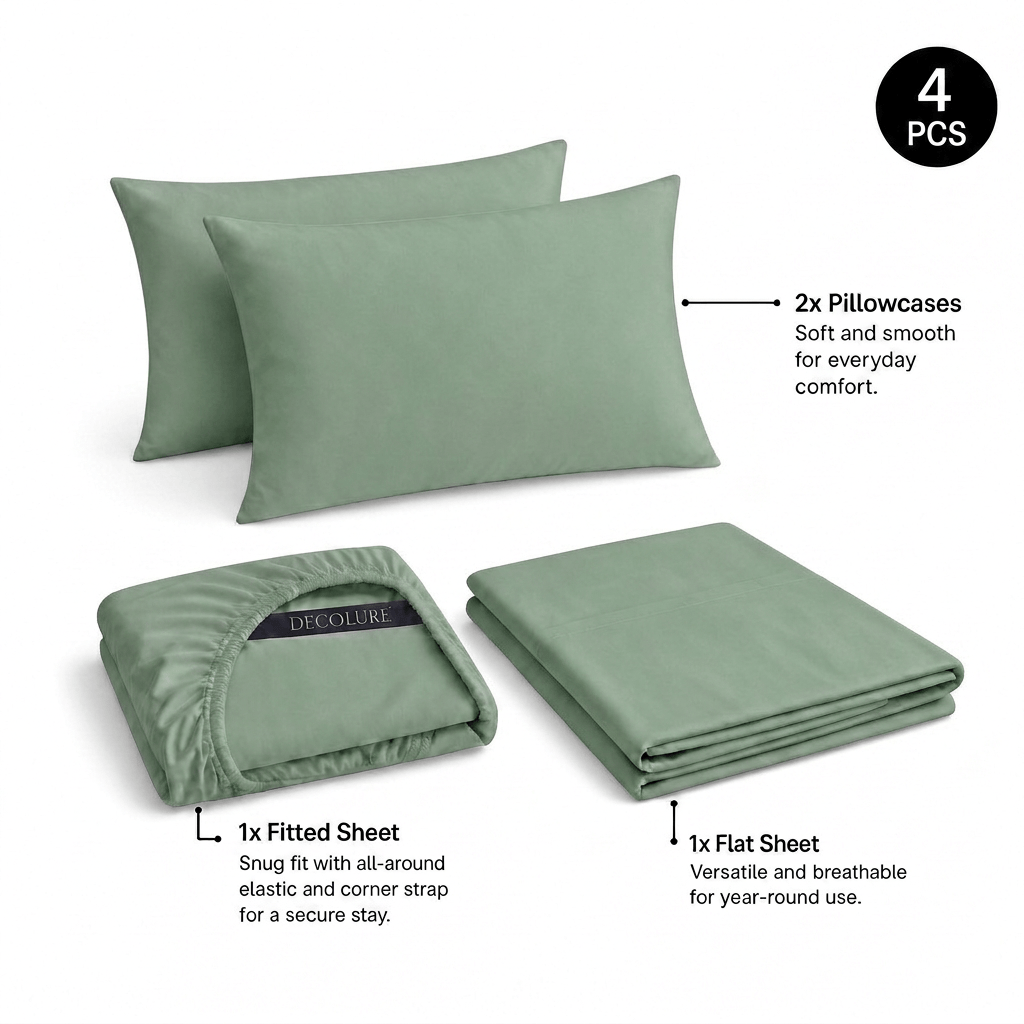 Sage green Decolure sheet set shown as 4 pieces: 2 pillowcases, one folded fitted sheet and one folded flat sheet.