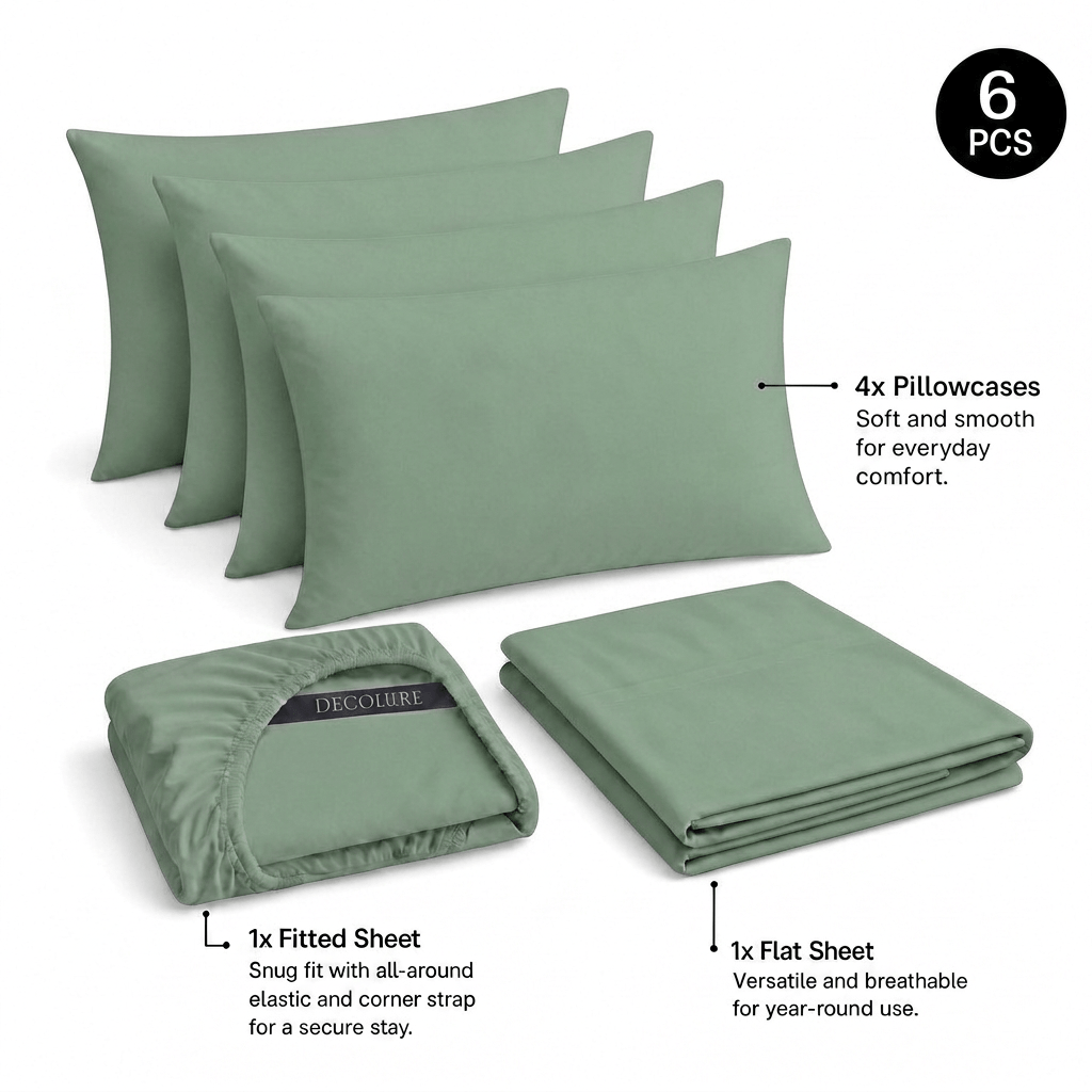 Sage green Decolure sheet set shown as 6 pieces: 4 pillowcases, one folded fitted sheet and one folded flat sheet.