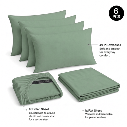 Sage green Decolure sheet set shown as 6 pieces: 4 pillowcases, one folded fitted sheet and one folded flat sheet.