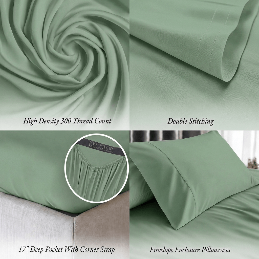 Sage green bedding detail panels show swirled fabric, double stitching, a fitted corner with strap and an envelope pillowcase; labels note 300 thread count and a 17 inch pocket.