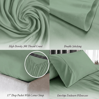 Sage green bedding detail panels show swirled fabric, double stitching, a fitted corner with strap and an envelope pillowcase; labels note 300 thread count and a 17 inch pocket.