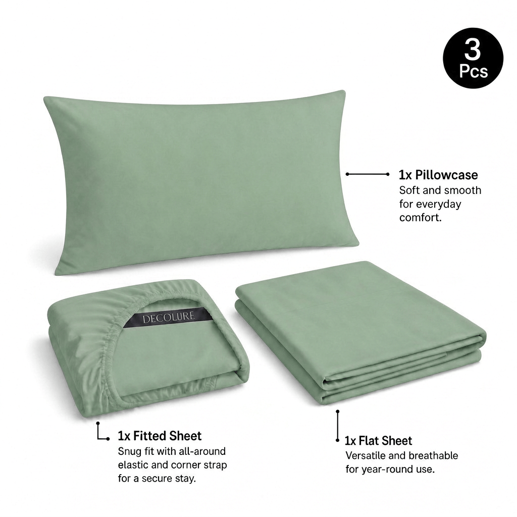 Sage green Decolure sheet set shown as 3 pieces: one pillowcase, one folded fitted sheet and one folded flat sheet.