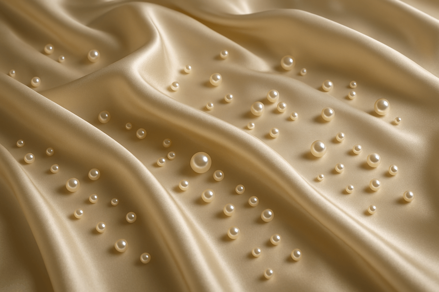 satin bed sheets with pearls placed on them 